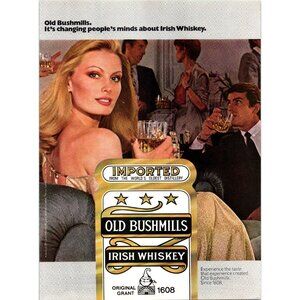 1981 Old Bushmills Irish Whiskey Vintage Print Ad Gold Evening Gown 80s Wall Art